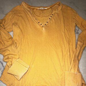 We The Free Women's Yellow Henley Top with Studded V-Neck – Size XS